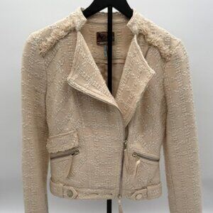 GUESS Marciano Tweed Moto Jacket Fringe Cream Ivory Size S